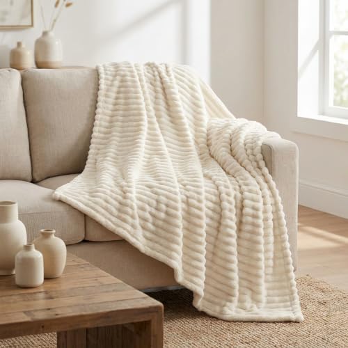 Nookly Beige Twin Size Fleece Blanket, Soft Lightweight Ribbed Plush Bed Blanket, Cozy All-Season Striped Fleece Twin Throw for Bedroom and Home, 60x80 Inches - color: Beige, size: Twin(60"x80")