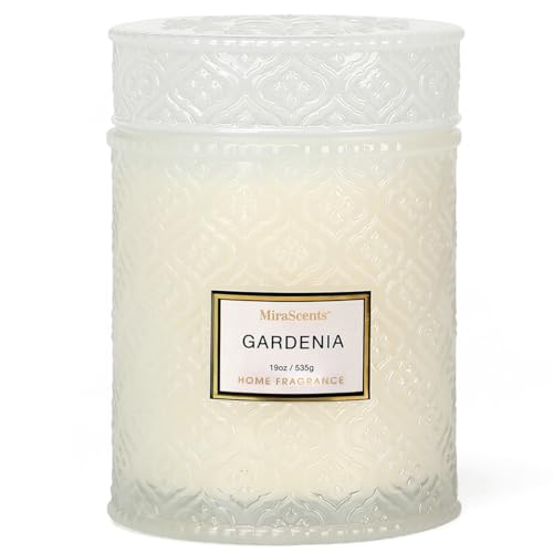 Gardenia Candle - White Floral Fragrance | 19 oz Large Soy Wax Candle in Embossed Glass Jar | Long Lasting Decorative Candle for Home Decor Gift for Women - color: GARDENIA
