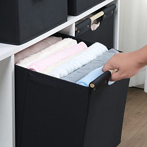 HOONEX Large Collapsible Storage Bins, Linen Fabric, Pack of 2, Storage Baskets with Wooden Carry Handles and Sturdy Heavy Cardboard, for Home, Office, Car, Nursery, Black - color: Black