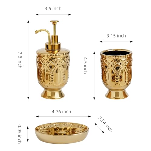 4-Piece Bathroom Accessory Set, Ceramic Bathroom Soap Dispenser Sets, Complete Gold Bath Decor Include Soap Dispenser, Toothbrush Holder, Tumblers,Soap Dish
