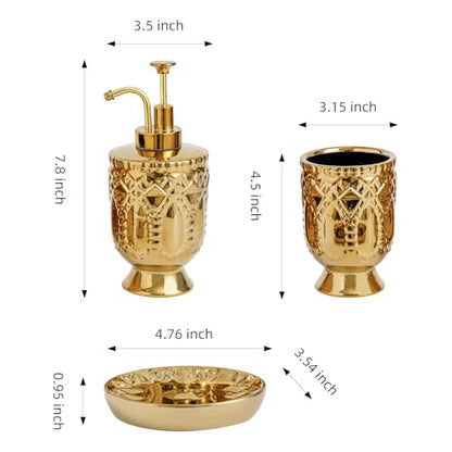 4-Piece Bathroom Accessory Set, Ceramic Bathroom Soap Dispenser Sets, Complete Gold Bath Decor Include Soap Dispenser, Toothbrush Holder, Tumblers,Soap Dish
