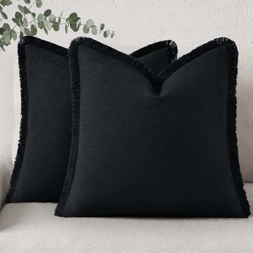 decorUhome Linen Fringe Black Throw Pillow Covers 26x26 Set of 2 | Euro Sham Decorative Soft Accent Modern Boho Farmhouse Cushion Covers with Tassels Cotton Pillow Covers for Couch Bed Sofa - color: Black, size: 26" x 26" (Pack of 2)