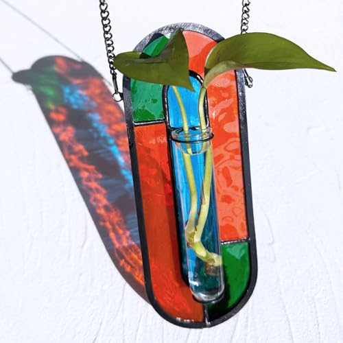 LITMIND Multi-Color Stained Glass Propagation Station - Handcrafted Translucent Suncatcher Planter with 2 Tubes, Hanging Hydroponic Décor for Windows & Garden - color: Style A06 (Tropical Spectrum)