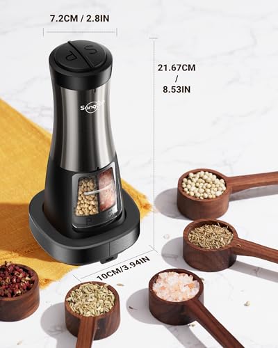 Sangcon 2-in-1 Rechargeable Salt and Pepper Grinder, USB-C Charging Base, One-Handed Automatic Grinder with Adjustable Coarseness & Light, Dual-Chamber Refillable Mill, Housewarming Gifts for Cooks - color: Gunmetal Plus