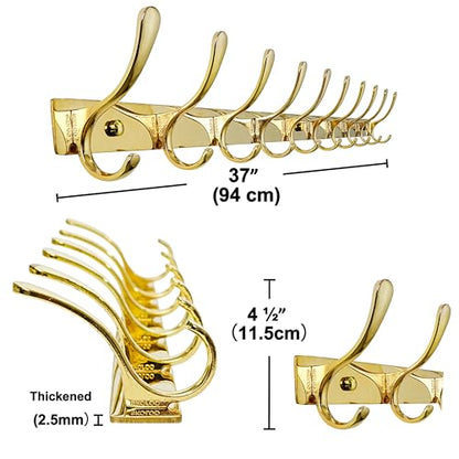 SKOLOO Wall Mounted Coat Rack - 10 Hooks, Heavy Duty, Stainless Steel, Metal Wall Hangers, Sturdy Coat Hooks for Hanging Coats, Jacket, Clothes, Hat, Bright Gold - color: Bright Gold, size: 10 Hook(1 Pack)