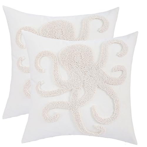 Embroidered Throw Pillow Covers 18x18 Pack of 2 Beige Octopus | Durable Fabric,Ocean-Themed,Decorative Pillow Covers,Boho Decor,Hidden Zipper,Aesthetic Design,Ideal Gift,Machine Washable - color: Beige Octopus