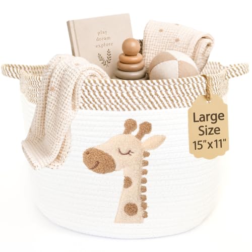 Giraffe Baby Storage Basket, Woven Cotton Rope Nursery Bin, 15x11 in | Stuffed Animal and Blanket Storage, Soft Felt Giraffe Patch, Safari Nursery Decor, Baby Shower, Kids Playroom Organizer - color: Giraffe