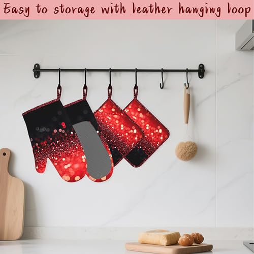 Red Gradient Sparkle Heat-Resistant Silicone Oven Mitts and Pot Holders,Long Oven Gloves with Non-Slip Grip for Cooking, Baking, Grilling,BBQ - color: Red Gradient Sparkle