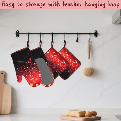 Red Gradient Sparkle Heat-Resistant Silicone Oven Mitts and Pot Holders,Long Oven Gloves with Non-Slip Grip for Cooking, Baking, Grilling,BBQ - color: Red Gradient Sparkle