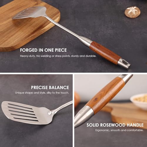 18/10 Stainless Steel Kitchen Utensils Set with RooseWood Handle | 15″ Metal Cooking Tools, 8-Pieces Cooking Spoons Set - Spatula, Ladle, Skimmer, Turner, Pasta, Solid Spoon, Slotted Spoon