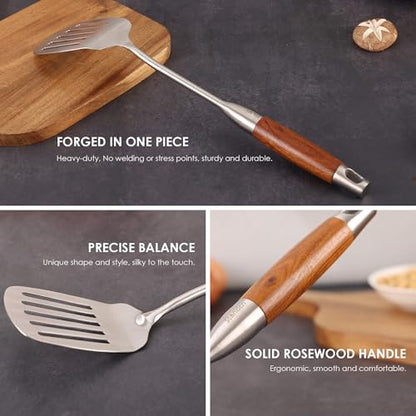 18/10 Stainless Steel Kitchen Utensils Set with RooseWood Handle | 15″ Metal Cooking Tools, 8-Pieces Cooking Spoons Set - Spatula, Ladle, Skimmer, Turner, Pasta, Solid Spoon, Slotted Spoon