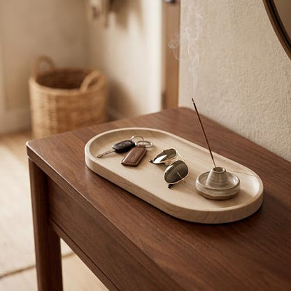 YKAJO Wooden Vein Beige Oval Marble Tray, 11.8x5.9 Perfume Organizer Dish | Honed natural stone; jewelry & trinket dish, ring & key holder, soap & candle catchall; bath counter, dresser, coffee table - color: Wooden Vein Beige, size: 11.8" x 5.9" x 0.6"