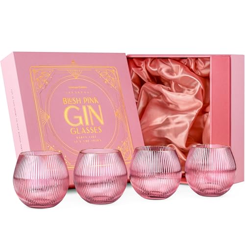 GLASSIQUE CADEAU Vintage Blush Pink Art Deco Gin and Tonic Glasses with Gold Rims | Set of 4 | 13.5 oz Stemless Crystal Balloons for Drinking Gin Cocktails | Retro Gift Goblets for Gin Lovers