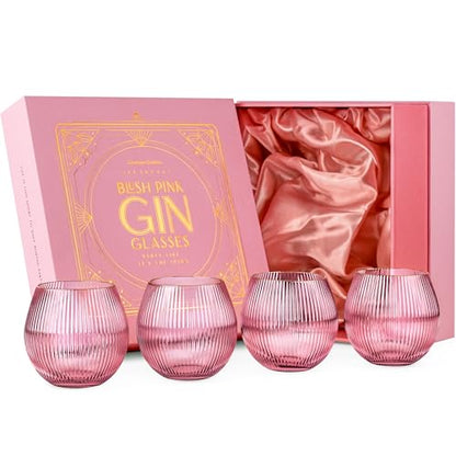 GLASSIQUE CADEAU Vintage Blush Pink Art Deco Gin and Tonic Glasses with Gold Rims | Set of 4 | 13.5 oz Stemless Crystal Balloons for Drinking Gin Cocktails | Retro Gift Goblets for Gin Lovers