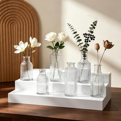 Mini Ribbed Glass Bud Vases Set of 6, Small Fluted Glass Flower Vases for Wedding Reception Centerpieces, Tabletop Decorations, Modern Home Decor