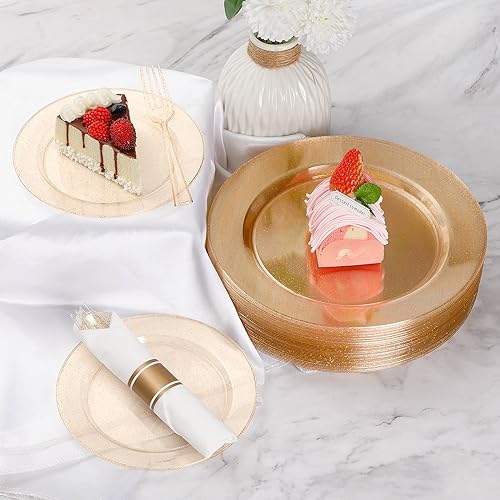 175 Piece Gold Glitter Plastic Dinnerware Set for 25 Guests | Disposable Dinnerware Includes: 25 Dinner Plates, 25 Dessert Plates, 25 Pre Rolled Napkins with Silverware, 25 Cups - color: Gold Glitter, style: 175 Piece (25 guests)