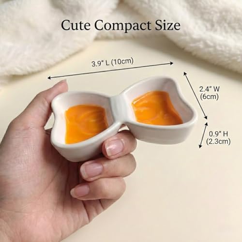 Dipping Bowls, 2-Compartment, 2-Pack, Yellow | Butterfly-shaped ceramic cups keep dips apart in separate wells; 3 oz dishes serve sushi, snacks, condiments, and appetizers. - color: Yellow