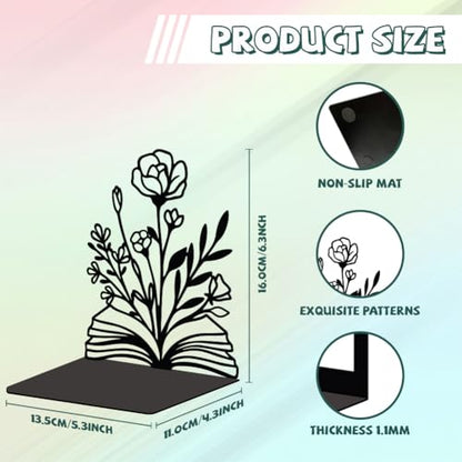5.3"x4.3"x7.9" Metal Bookends, Heavy Duty Book Ends for Shelves | Books and Flowers Theme Cast Iron Book Supports, 1 Pair Decor Stoppers for Desk, Library, Office & Home Shelves - style: Books and Flowers