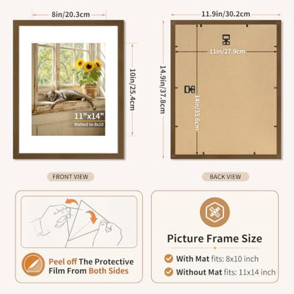 11x14 Wooden Picture Frames Set of 3 Walnut Photo Frame Wall Table Display | Sturdy MDF 11x14 frames with mat clear plexiglass Hangs on wall stands table family pics weddings diplomas home or office - color: Walnut, size: 11x14
