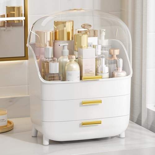 Vtopmart 3-Tier Skincare Makeup Organizer with Drawer and LId, White | With Drawers and Lid, For Vanity, Dresser and Bathroom Countertop, Large Cosmetic Storage Box Case, Non-Slip Base - color: White, size: With Lid