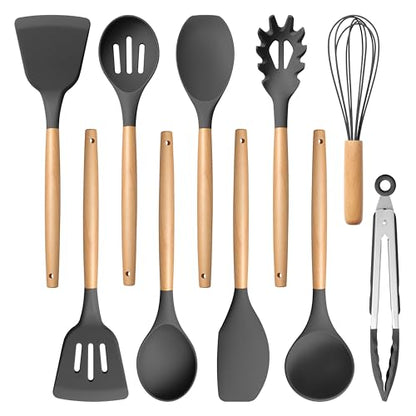 E-far Gray Silicone Cooking Utensils Set, 10-Piece Kitchen Utensils Set with Wooden Handle for Nonstick Cookware, Heat Resistant Kitchen Nonstick Tools Spatula Whisk Tongs Ladle, Non-toxic & Healthy - color: Gray, size: 10