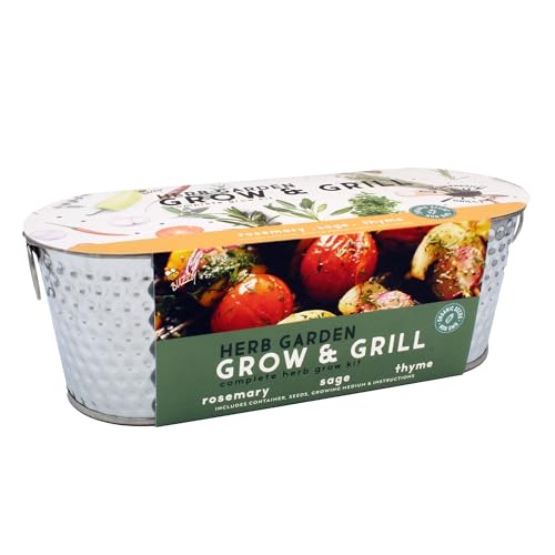 Buzzy Seeds Grow & Grill Organic Herb Kit - Metal Windowsill Planter - Complete Indoor/Outdoor Gardening Kit with Seeds, Coconut Husk Growing Medium & Genuine Pots - 100% Grow Guarantee - color: Silver