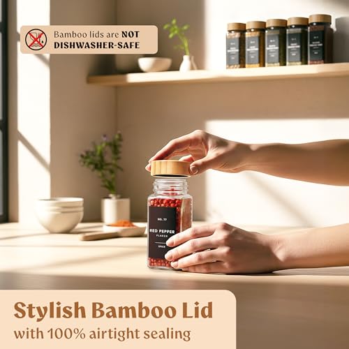 Square Glass Spice Jars (24 x 4oz) with Bamboo Lids + Magnetic Spice Rack for Refrigerator (Fits 12 Jars) + Bonus Slim Auxiliary Rack, 240 Labels, Shaker Inserts, Funnel - color: Bamboo Black Labels + Magnetic Rack