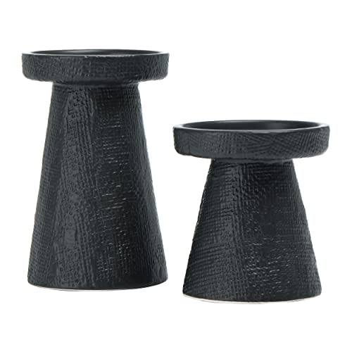 Main + Mesa Stoneware Pillar & Taper Candle Holders, Set of 2 - color: Black, size: Set of 2