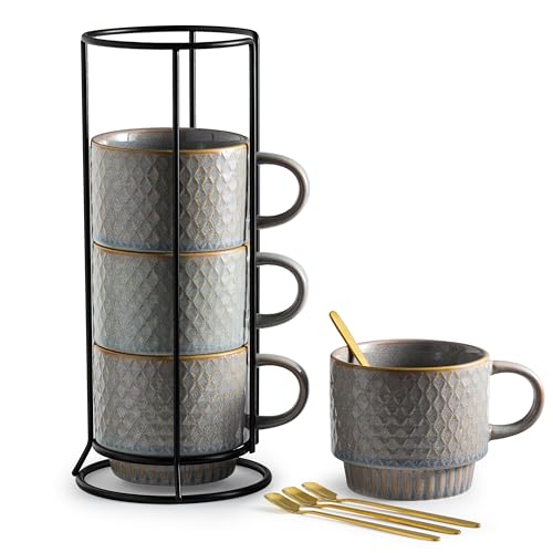 Gomakren Stackable Coffee Mugs Set of 4 Coffee Cups with Stand, Light Gray | 13oz Ceramic Embossed Grid Mugs, Black Metal Storage Rack, Lead-Free Dishwasher Safe, with Gold Spoons for Home Coffee Bar - color: Light Gray