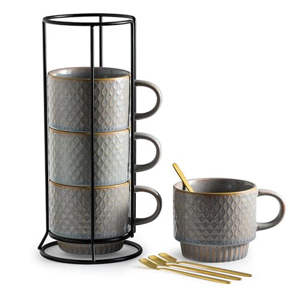 Gomakren Stackable Coffee Mugs Set of 4 Coffee Cups with Stand, Light Gray | 13oz Ceramic Embossed Grid Mugs, Black Metal Storage Rack, Lead-Free Dishwasher Safe, with Gold Spoons for Home Coffee Bar - color: Light Gray