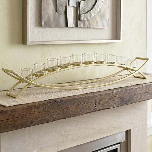Table Centerpiece for Dining Room, Extra Long Candle Holder, Gold | Iron Arch 10 Cup Candelabra, Mantel Patio Kitchen Coffee Decor, Chunky Clear Glass Cups, 36in Long - color: Gold/Clear, size: 10 Cup