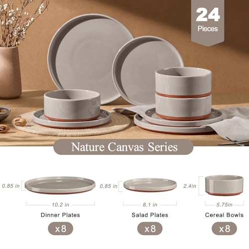 LIANYU Plates and Bowls Sets, 24 Pieces Stoneware Dinnerware Set for 8 | Modern Kitchen Dinner Set Ceramic Dishware Dishes Set, Microwave and Dishwasher Safe, Terra Brown - color: Terra Brown