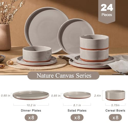 LIANYU Plates and Bowls Sets, 24 Pieces Stoneware Dinnerware Set for 8 | Modern Kitchen Dinner Set Ceramic Dishware Dishes Set, Microwave and Dishwasher Safe, Terra Brown - color: Terra Brown