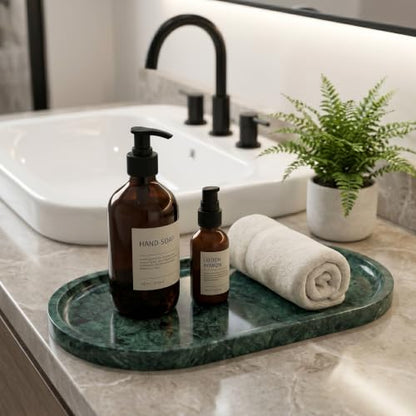 YKAJO Jade Green Oval Marble Tray, 11.8x5.9 Vanity Perfume Organizer Dish | Honed natural stone; jewelry & trinket dish, ring & key holder, soap & candle catchall; bath counter, dresser, coffee table - color: Jade Green, size: 11.8" x 5.9" x 0.6"