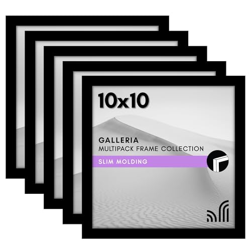 Americanflat 10x10 Picture Frame 5-Pack - Slim Molding - Black | Polished plexiglass front, wall or tabletop display with included easel, triangle hangers included, secure turn-tab backing - color: Black, size: 10x10