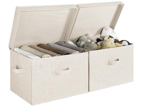 StorageWorks Fabric Storage Bins with Lids, Closet Storage Bins | Flip-Top Lid, 3 Handles, Collapsible, Stackable, for Clothes Blankets, Multi-Purpose, Jumbo, Khaki and Beige Stripes, 2-Pack - color: Khaki and Beige Stripes, size: Jumbo