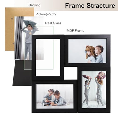 4x6 Picture Frames Collage 1 Pack, 4 Opening Multi Family Photo Collage Frames with Real Glass for Wall Hanging or Tabletop, Black - color: Black