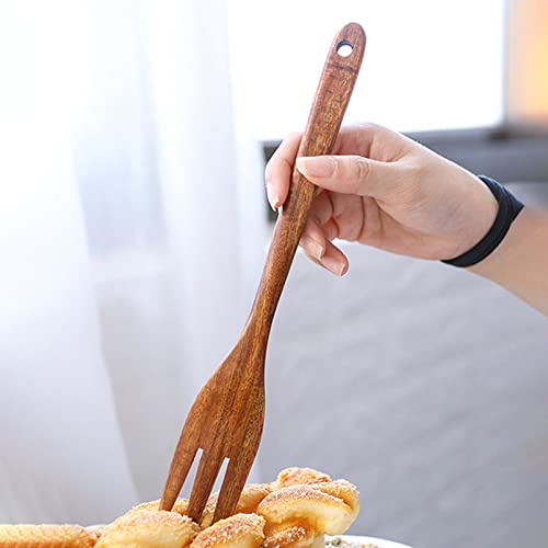 BESTonZON Wooden Serving Fork Long Handle Kitchen Utensil for Salad Mixing Cooking and Serving Ergonomic Wood Fork for Home Kitchens Restaurants Hot Pot Use 8.85In