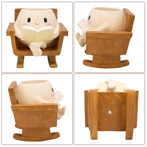 Cute Rocking Chair Smiley Face Planter Pot for Indoor Outdoor | Unique Book Garden Plant Pots with Drainage, Funny Succulent Flower Pot Decorative, Mother Gifts for Birthday, Christmas