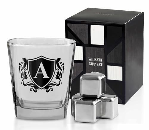 Whisky Gifts for Men, Personalized Initial Whiskey Glass with Whiskey Stones for Dad, Boyfriend, Best Friends, Coworkers, Husband, Brother, Uncle and Boss on Father's Day, Boss Day and Birthday - A - color: Initial-A