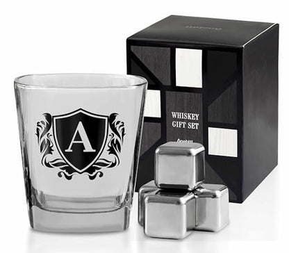 Whisky Gifts for Men, Personalized Initial Whiskey Glass with Whiskey Stones for Dad, Boyfriend, Best Friends, Coworkers, Husband, Brother, Uncle and Boss on Father's Day, Boss Day and Birthday - A - color: Initial-A