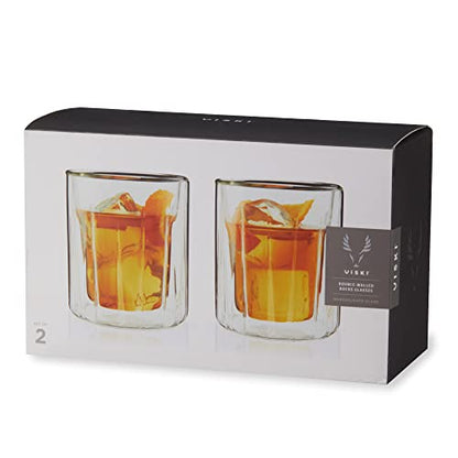 Viski Double Walled Rocks Glasses - Insulated Whiskey Tumblers with Cut Crystal Design - Dishwasher Safe 10.5oz Set of 2 - style: Double Walled Rocks