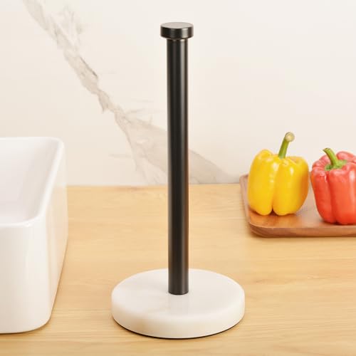 Kitchen Paper Towel Holder Countertop, Black Stainless Steel Rod, White Weighted Natural Marble Base, Heavy Duty Standing Paper Towel Roll Holders Easy One Hand Tear - color: Black