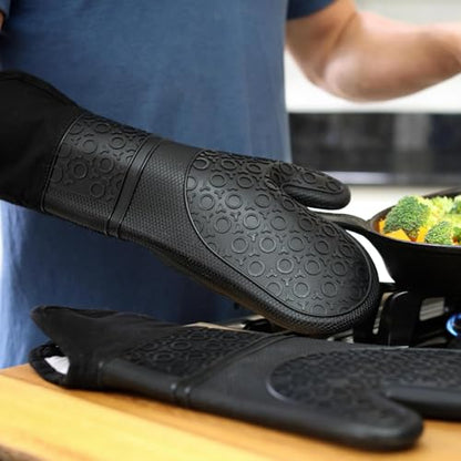 BPA-Free Silicone Oven Mitts Ultra Heat Resistant up to 500°F - Oven Mitts with Thick Cotton Liner - Long Slip Resistant Pot Holders, Flexible Oven Gloves - Black 14.7 - color: Black, size: 2-Piece 14.7" Oven Mitts