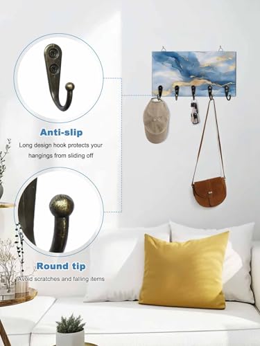 Key Holder for Wall Blue Marble Decorative Hanging Key Rack Wall Mount with 5 Hooks Golden Ripple Abstract Art Organizer Wall Decor for Entryway Front Door Kitchen 9.4x5in