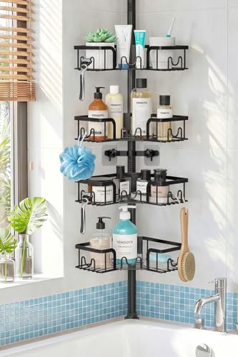 Corner Shower Caddy with Tension Pole, 4-Tier Rustproof Bathroom Organizer Shelves, No-Drill Adjustable Shower Storage Rack 42–115 Inches, Space-Saving Floor Standing Shower Organizer