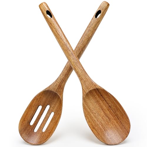 Wooden Spoon for Cooking Utensil Non Toxic Serving Mixing Slotted Spoon Set | Acacia Wood Utensils for Cooking Spoons Large Kitchen Spatula Long Stirring Spoon Scoop Korean Teak Soup Ladle Baking Spoon - color: SLOTTED+COOKING SPOONS