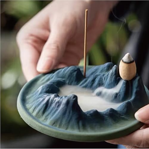 Backflow Incense Burner - A Thousand Li of Rivers and Mountains Ceramic Holder for Cones and Sticks, Waterfall Smoke Aromatherapy Decor for Meditation, Yoga, Home Office