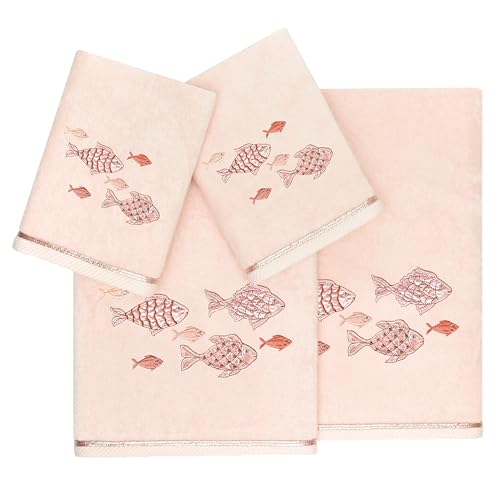 Treasure 4-Piece Premium Towel Set, Sparkling Applique Fish, Ultra Plush Turkish Cotton, Durable, Perfect for Bathroom, 2 Bath 2 Hand Towels, Blush - color: Blush, size: 2 Pcs Bath 2 Pcs Hand Towel