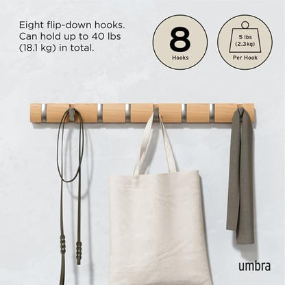 Umbra Flip Coat Rack, Wall Mount 8-Hook, Space Saving, Natural/Nickel | Real wood and steel build, retractable hooks fold flat, holds coats bags and scarves, easy install - color: Natural/Nickel, size: 8-Hook